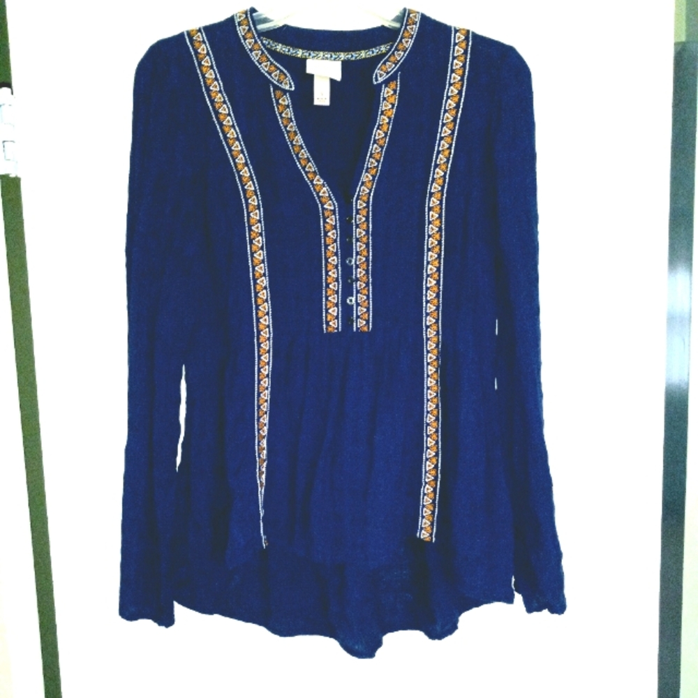 Knox Rose Navy boho peasant v-neck button down curved hem top S